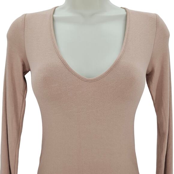 Naked Wardrobe Womans size XS NW Sculpt Deep V-Neck Long Sleeve Bodysuit Tan NEW - Picture 2 of 8